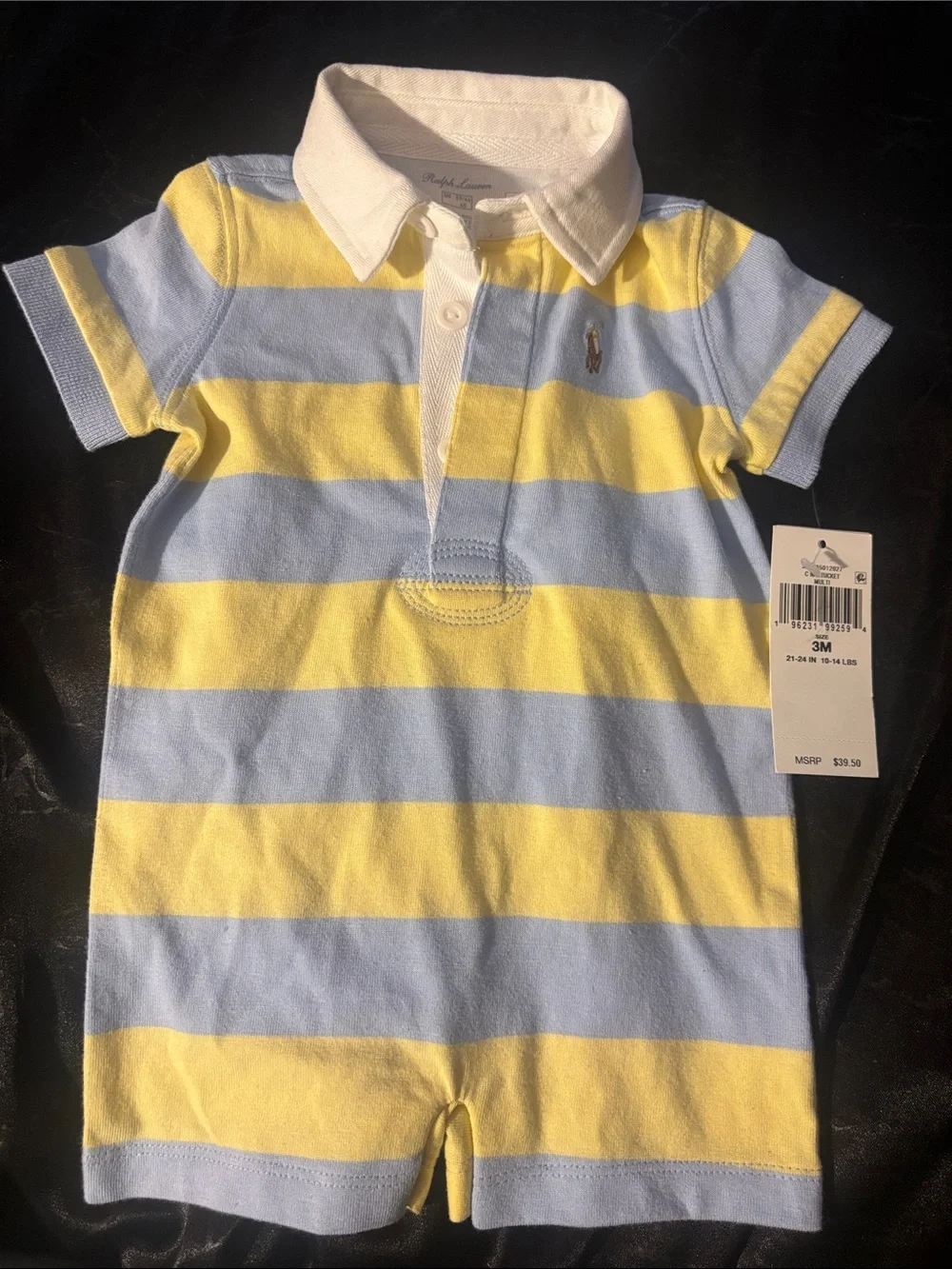 Ralph Lauren Yellow & Light Blue Striped Baby Polo Romper